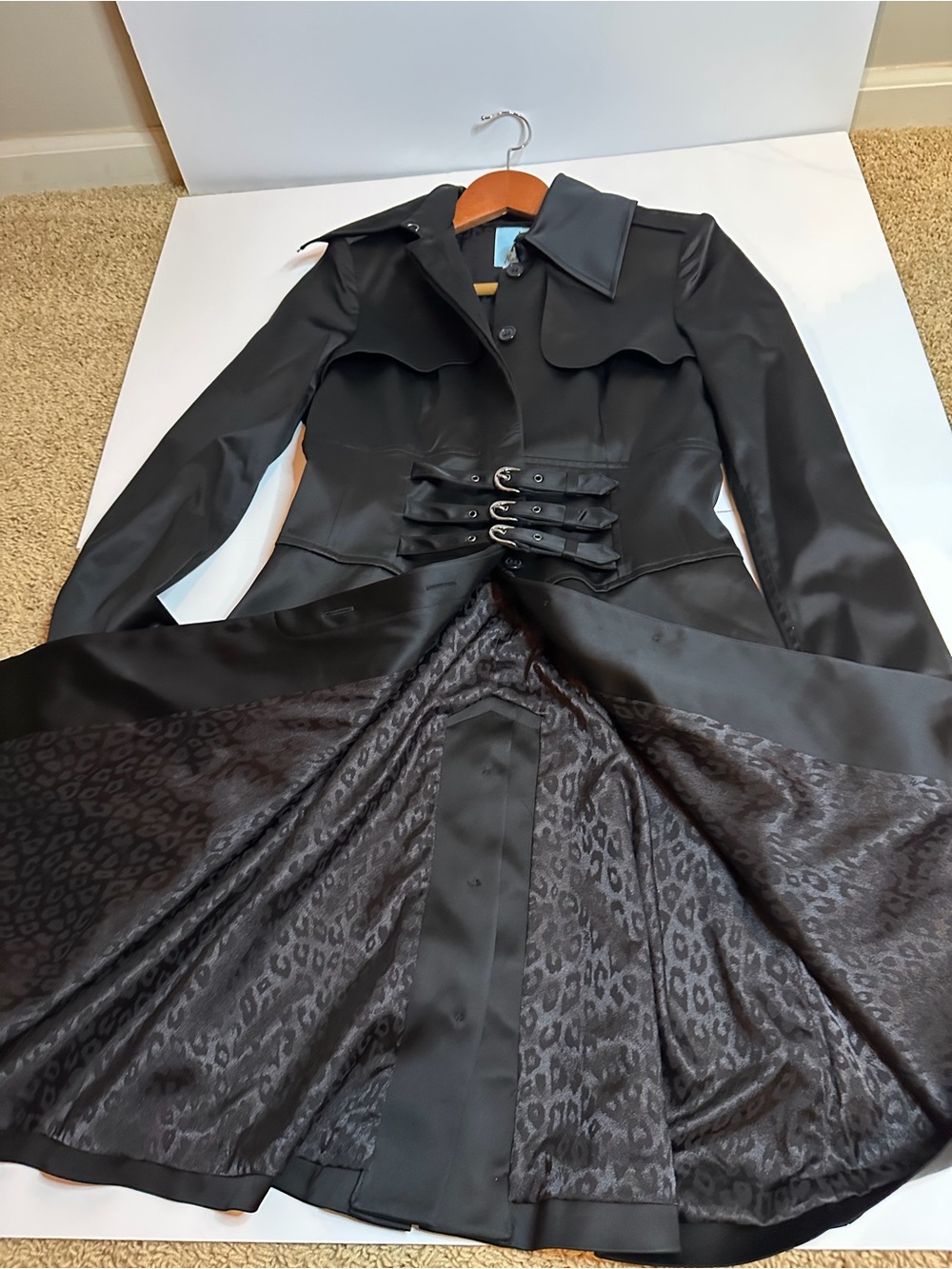 Marciano Black Satin Trench Coat with Leopard Print Lining